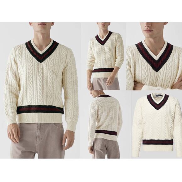 Polo Ralph Lauren P Wing Cable Knit Wool V-Neck Varsity Sweater Men's Size M NWT - Picture 6 of 6